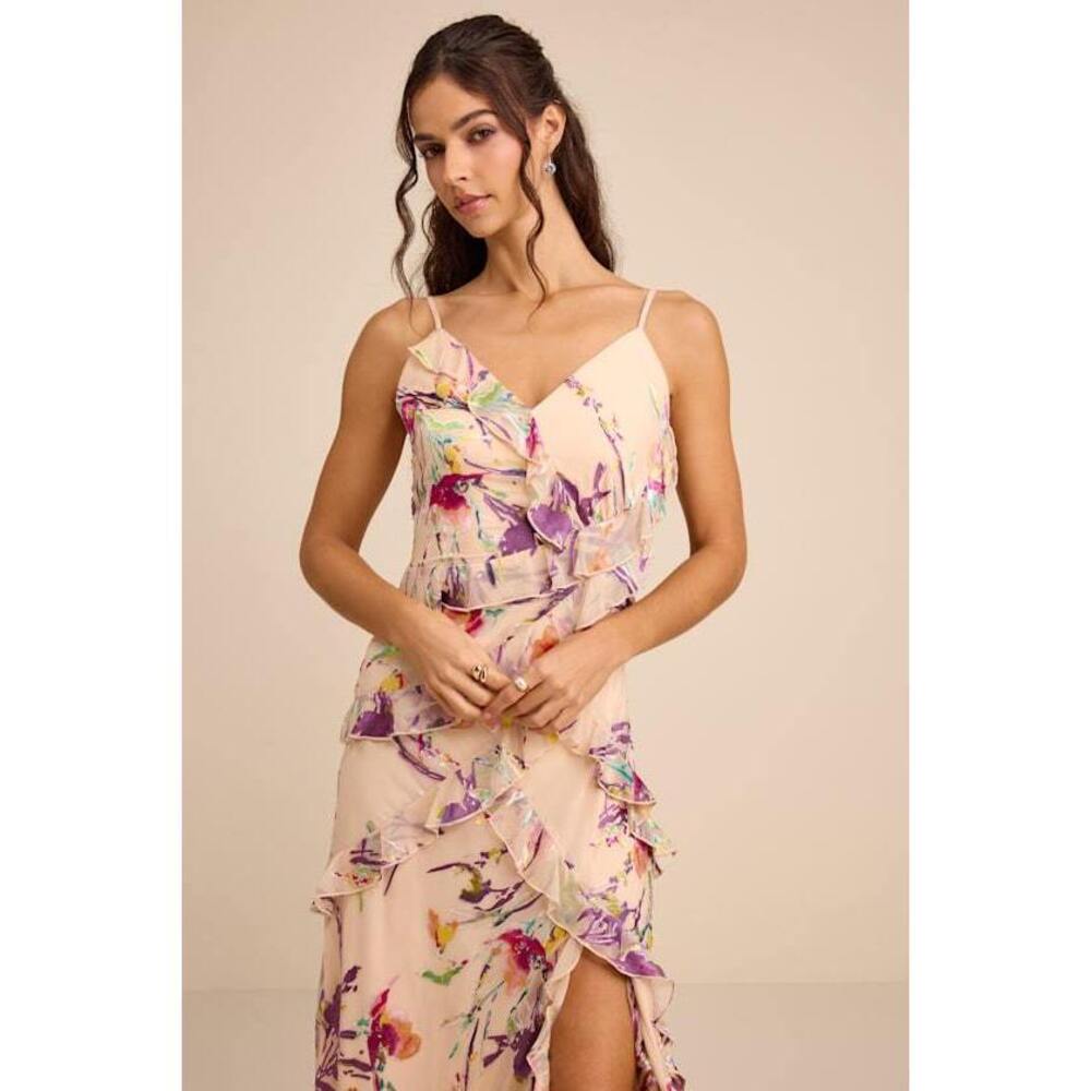 Lulus Neline Beige Multi Abstract Ruffled Maxi Dress - Size XS
